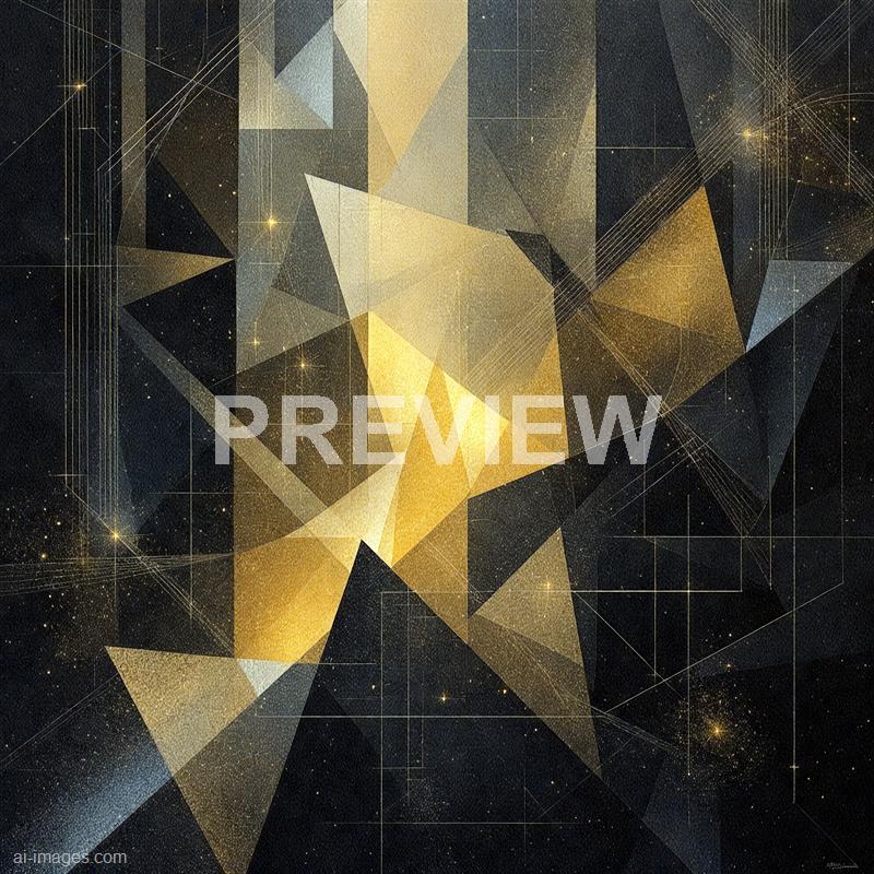 The image features an abstract geometric composition with numerous overlapping triangles and polygons in shades of gold, beige, and dark gray, set against a textured black background. Fine lines and grid patterns intersect throughout, creating a sense of depth and complexity, with tiny golden specks resembling stars scattered across the dark areas, giving it a cosmic or galactic appearance.